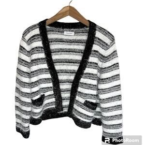 Calvin Klein Cropped Black and White Striped Eyelash Open Front Cardigan Sweater